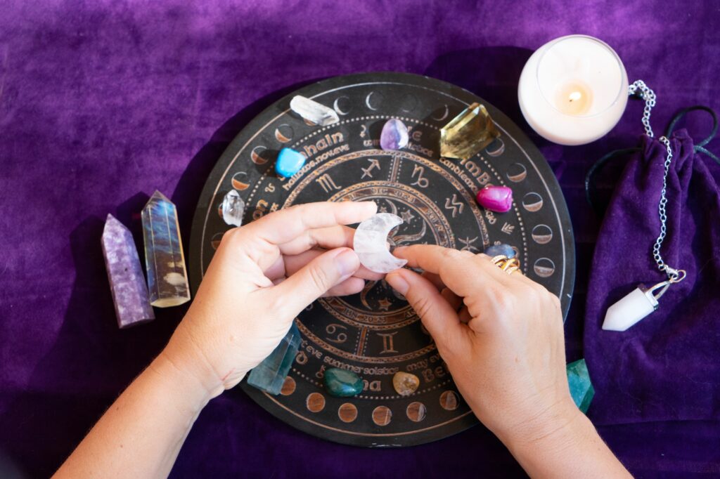 Top view of astrologer hands